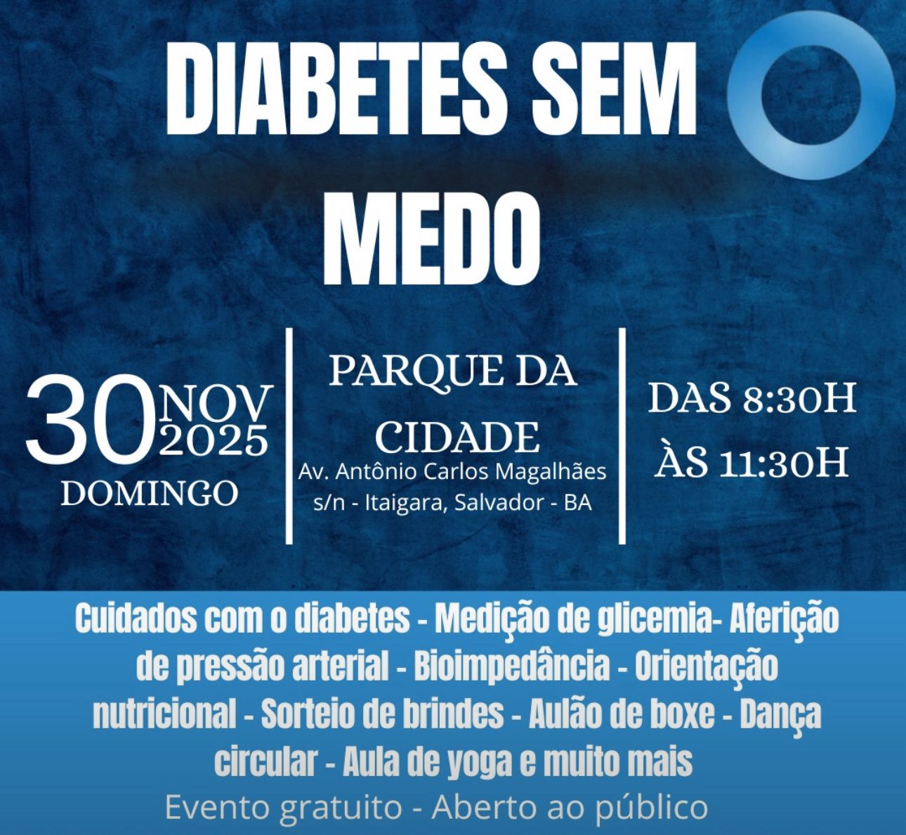No momento você está vendo Adiba promove Diabetes sem Medo neste domingo no Parque da Cidade