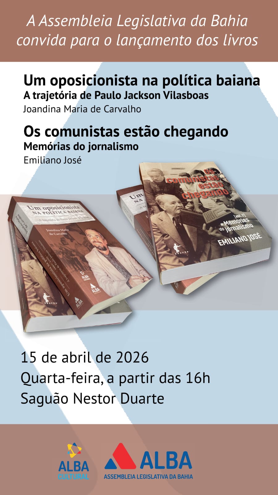 No momento você está vendo Assembleia Legislativa da Bahia lança nesta quarta-feira dois livros pelo programa ALBA Cultural